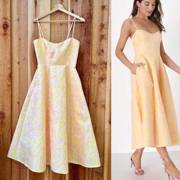 Pastel Yellow and Pink Jacquard Bustier Midi Dress With Pockets 🌿 - Picture 1 of 10